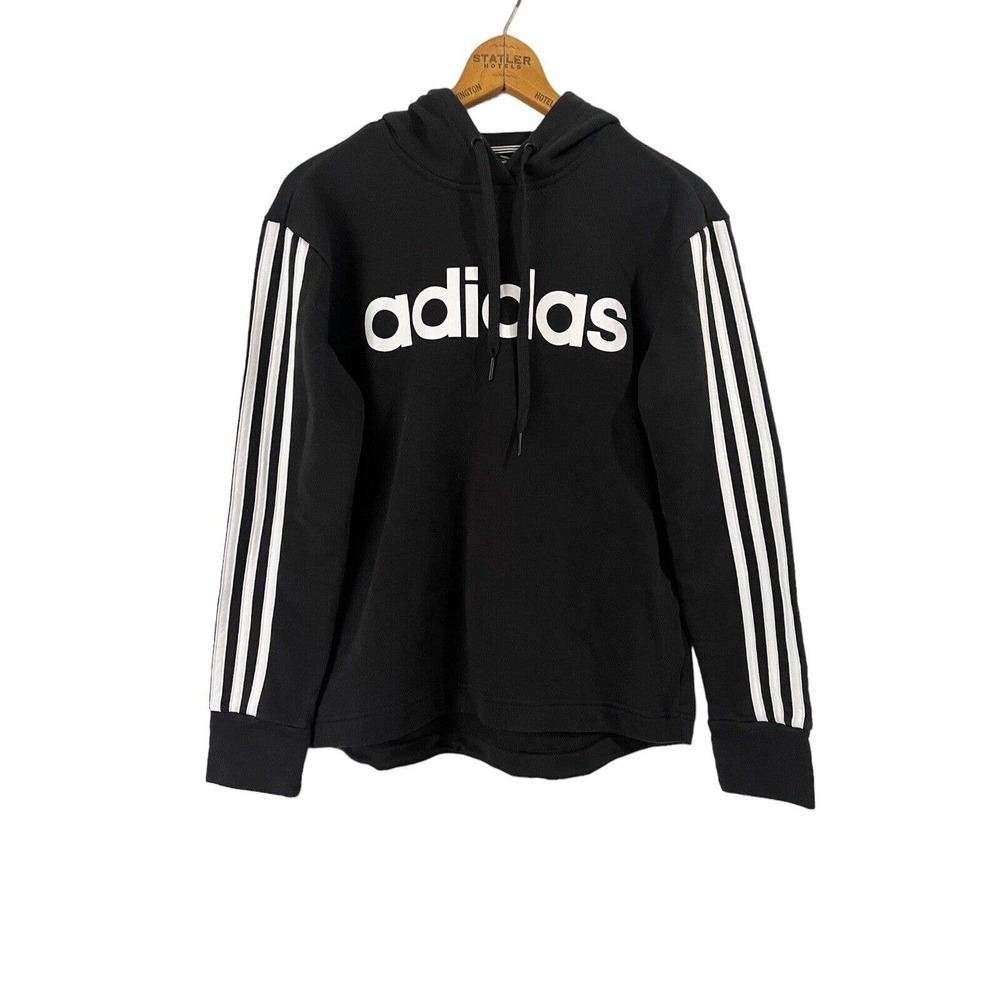 Adidas Black 3 Stripe Spell Out Fleece Lined Pullover Hoodie Sweatshirt Sz Small